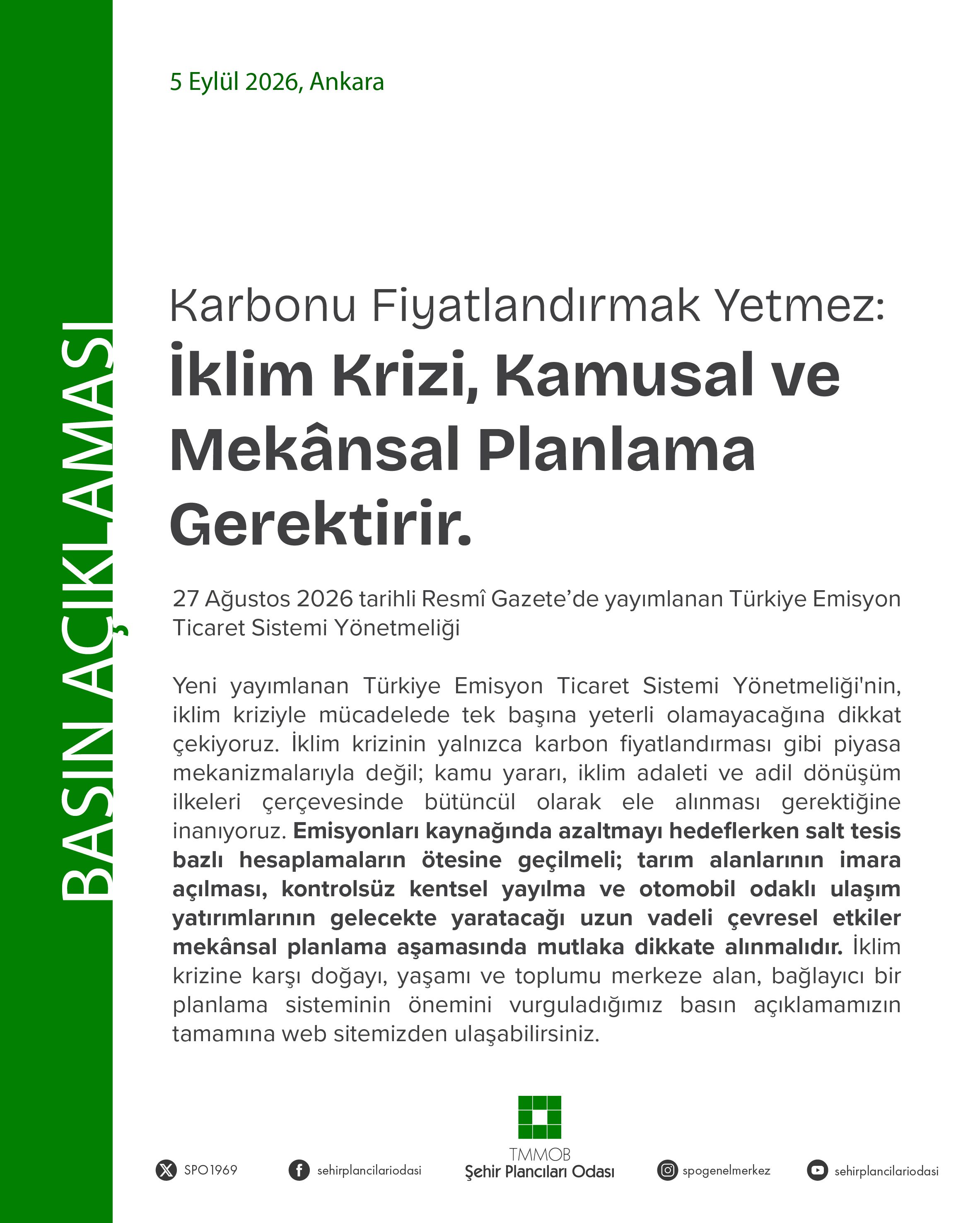 KARBONU FIYATLANDIRMAK YETMEZ: İKLIM KRIZI KAMUSAL VE MEKÂNSAL PLANLAMA GEREKTIRIR.
