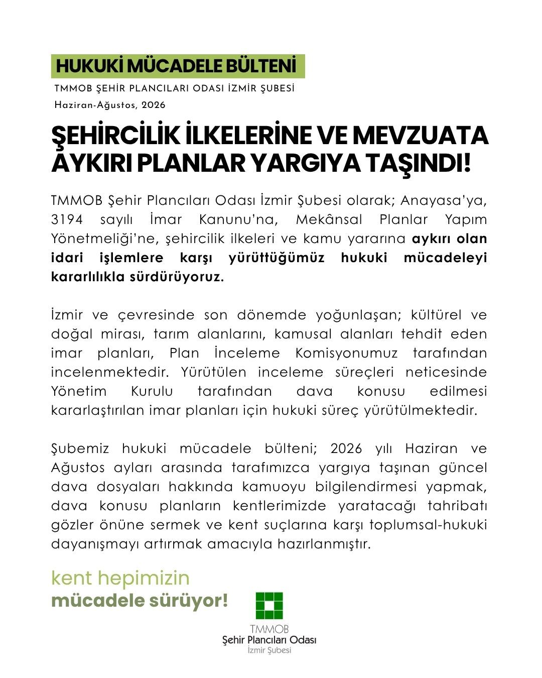 TMMOB Şehir Plancıları Odası İzmir Şubesi Hukuki Mücadele Bülteni
