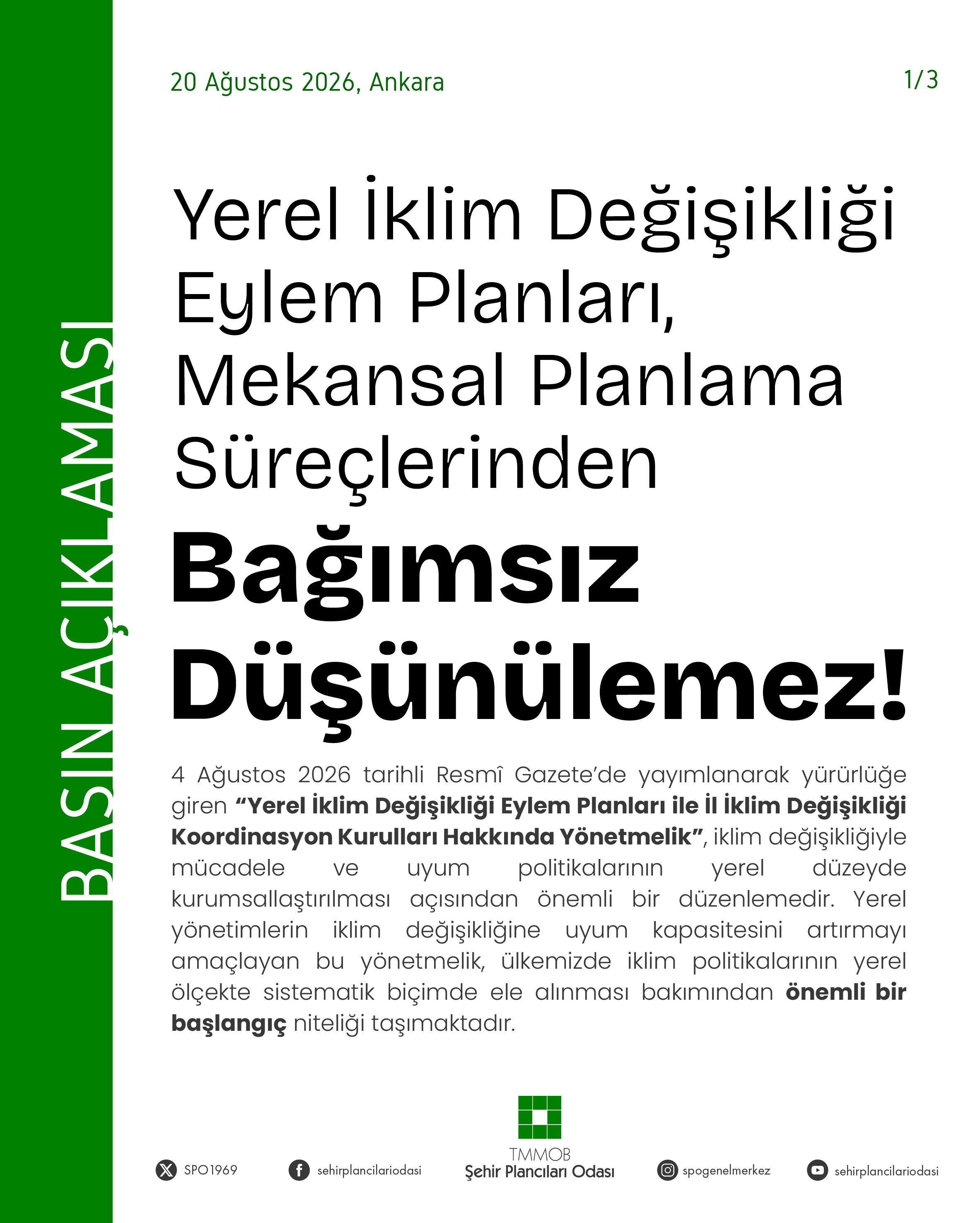 Yerel İklim Değişikliği Eylem Planları, Mekansal Planlama Süreçlerinden Bağımsız Düşünülemez!