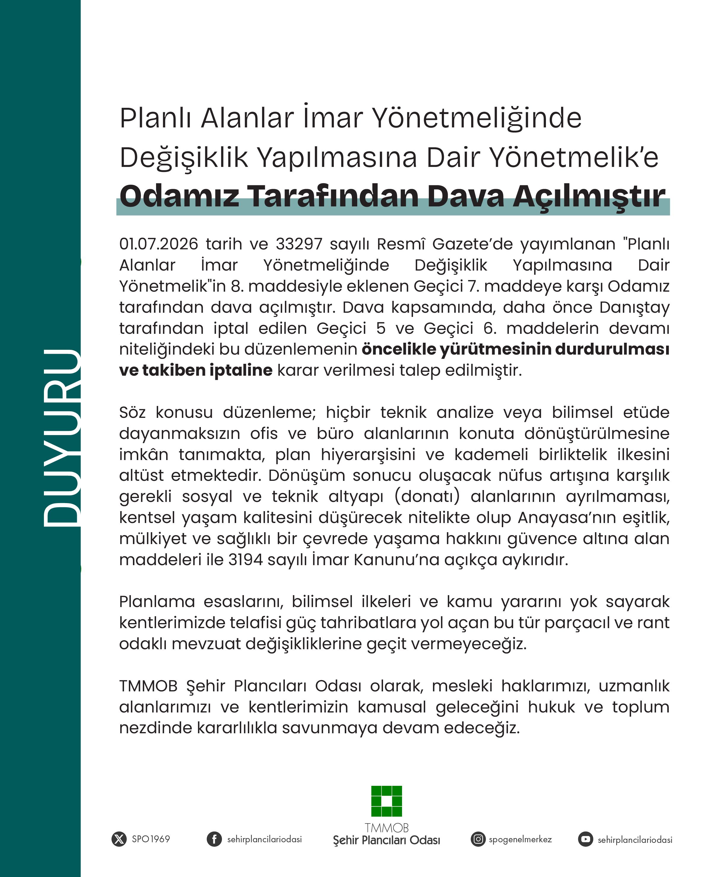 Planlı Alanlar İmar Yönetmeliğinde Değişiklik Yapılmasına Dair Yönetmelik'e Odamız Tarafından Dava Açılmıştır