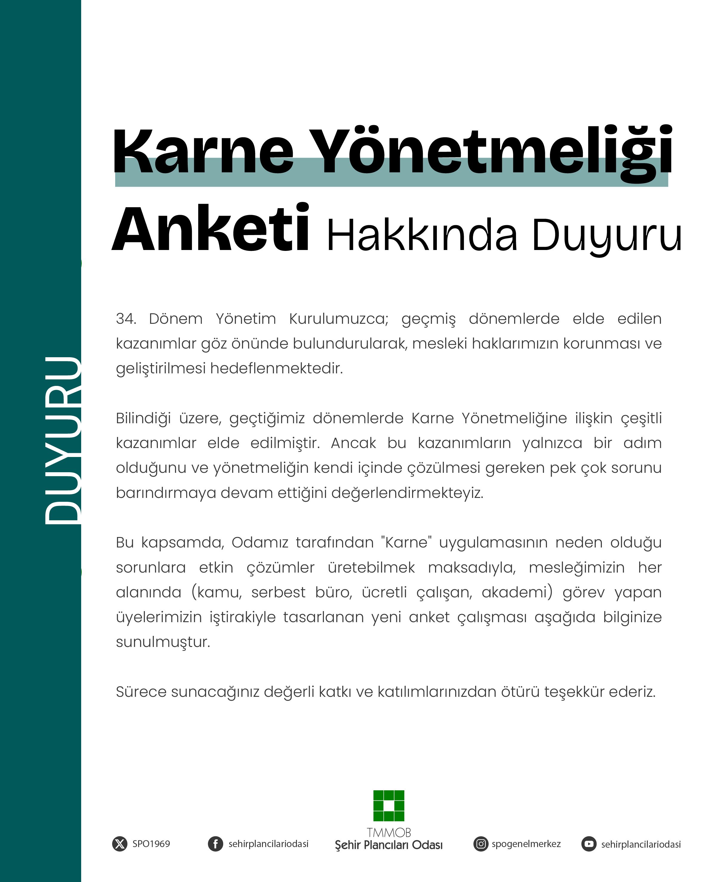 Karne Yönetmeliği Anketi Hakkında Duyuru
