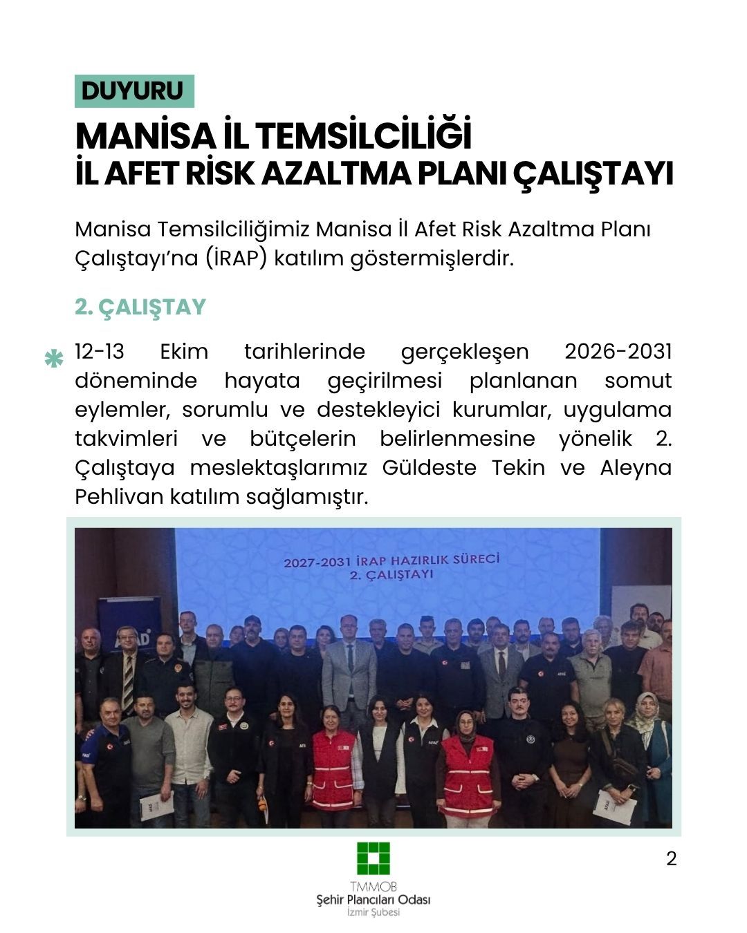 MANİSA İL TEMSİLCİLİĞİ  İL AFET RİSK AZALTMA PLANI ÇALIŞTAYI (İRAP)