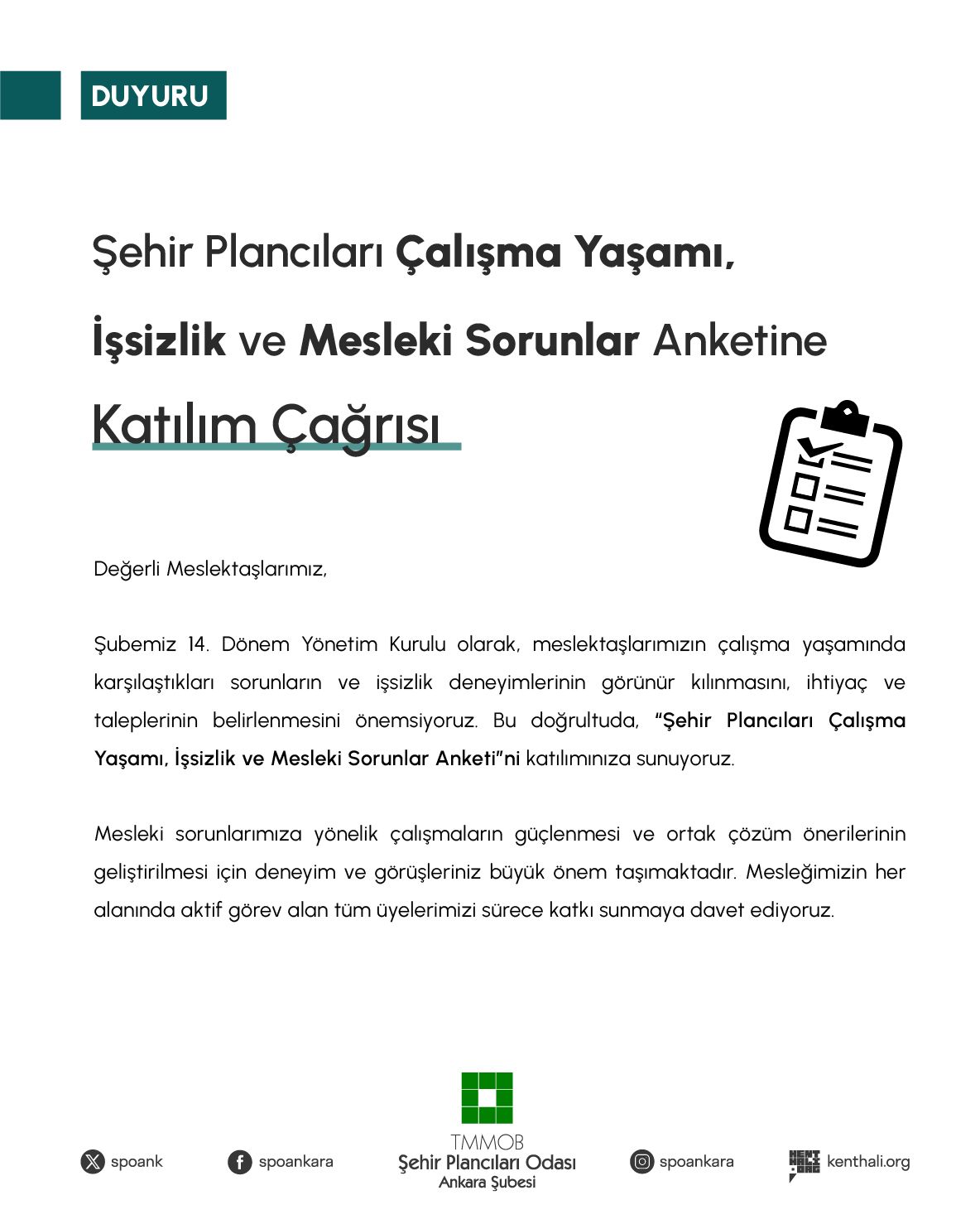 Şehir Plancıları Çalışma Yaşamı, İşsizlik ve Mesleki Sorunlar Anketine Katılım Çağrısı
