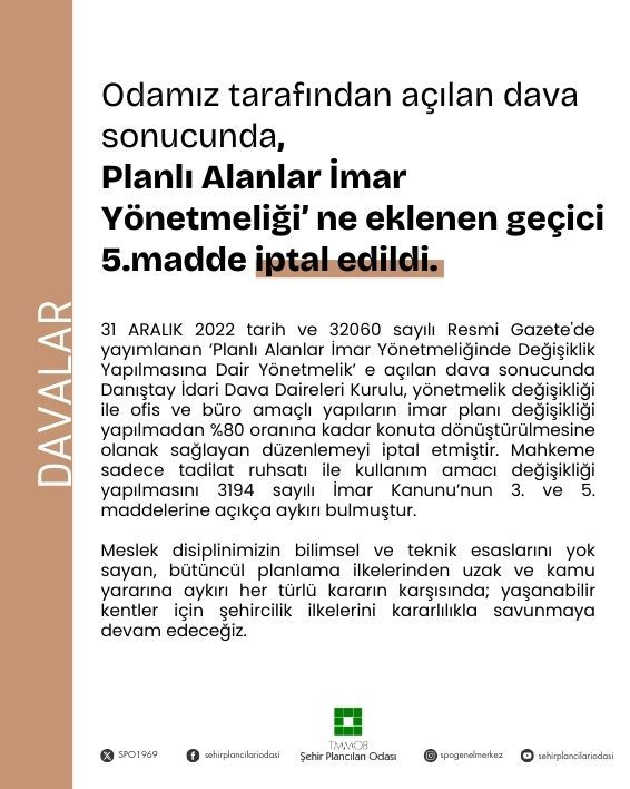 ODAMIZ TARAFINDAN AÇILAN DAVA SONUCUNDA,                                                                  PLANLI ALANLAR İMAR YÖNETMELİĞİ' NE EKLENEN GEÇİCİ 5.MADDE İPTAL EDİLDİ.
