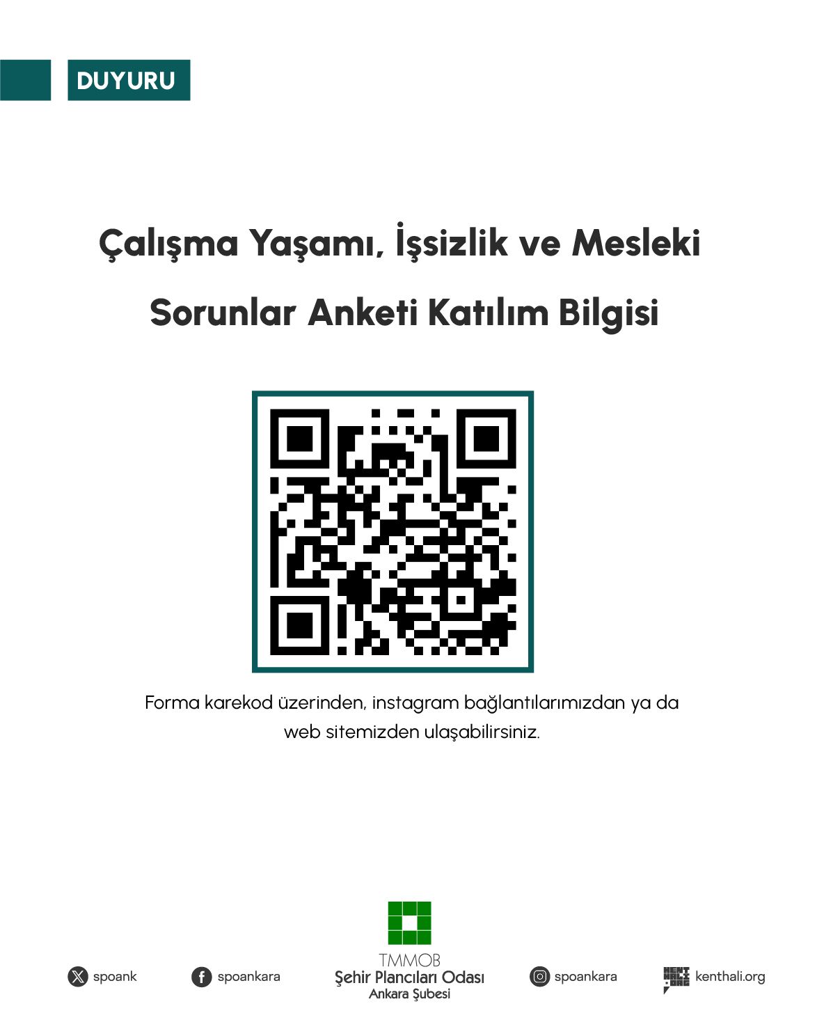 Şehir Plancıları Çalışma Yaşamı, İşsizlik ve Mesleki Sorunlar Anketine Katılım Çağrısı