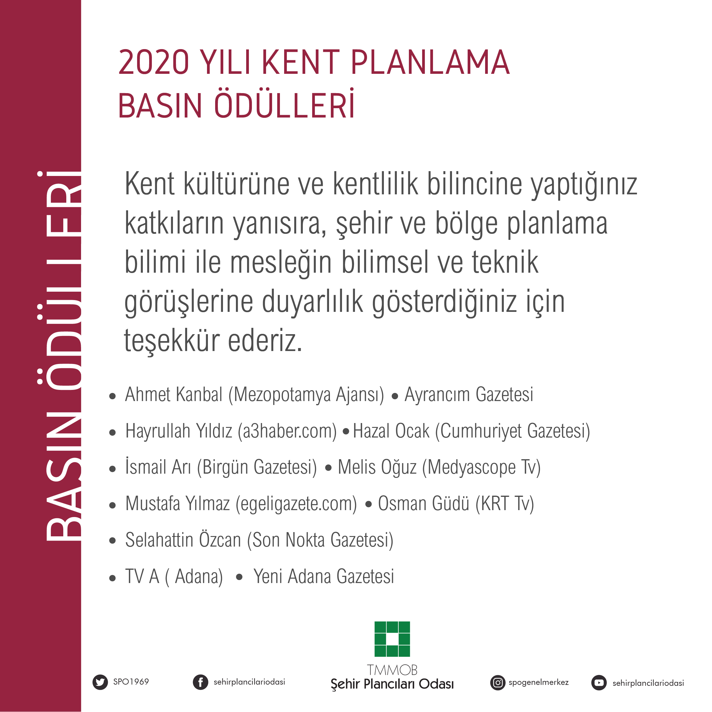 2020 YILI KENT PLANLAMA BASIN ÖDÜLLERİ