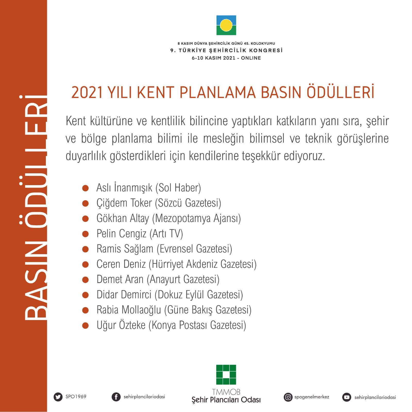 2021 YILI KENT PLANLAMA BASIN ÖDÜLLERİ