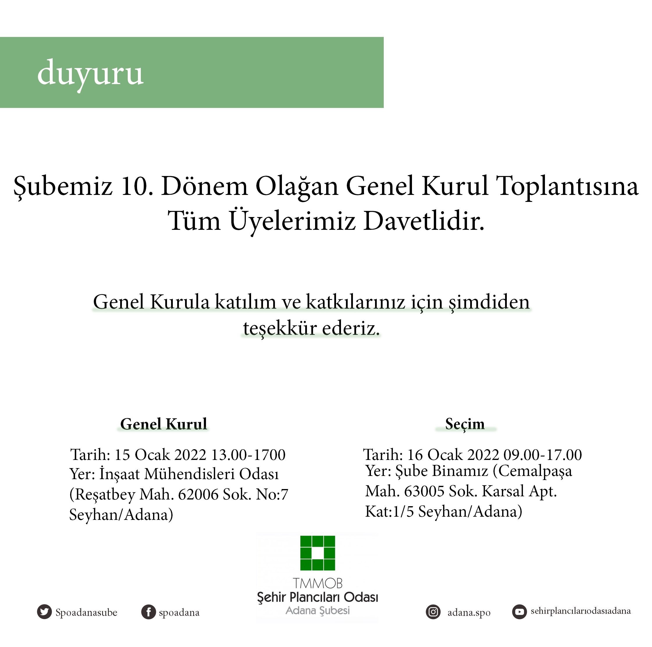 TMMOB ŞEHİR PLANCILARI ODASI ADANA ŞUBESİ 10. OLAĞAN GENEL KURULU DUYURUSU