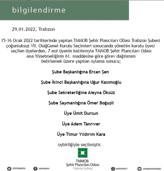 TMMOB ŞEHİR PLANCILARI ODASI TRABZON ŞUBESİ VII. DÖNEMİ OLAĞAN GENEL KURULU YÖNETİM KURULU GÖREV DAĞILIMI