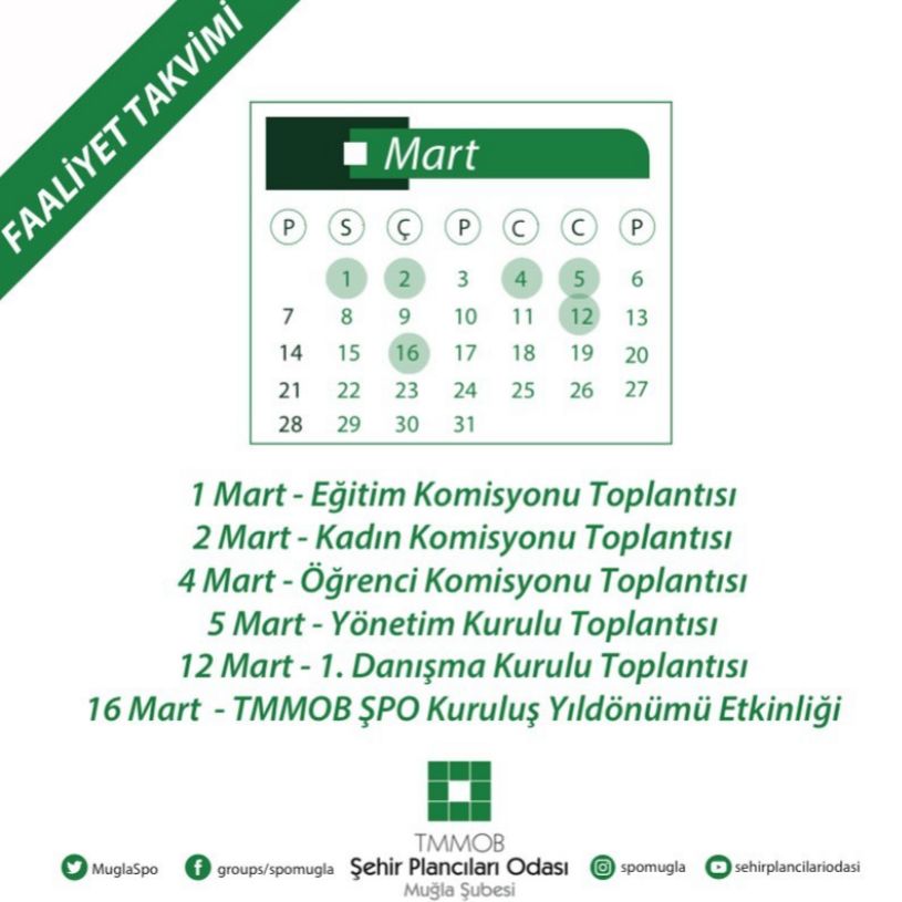 ŞUBEMİZ MART AYI FAALİYET TAKVİMİ YAYINLANDI.