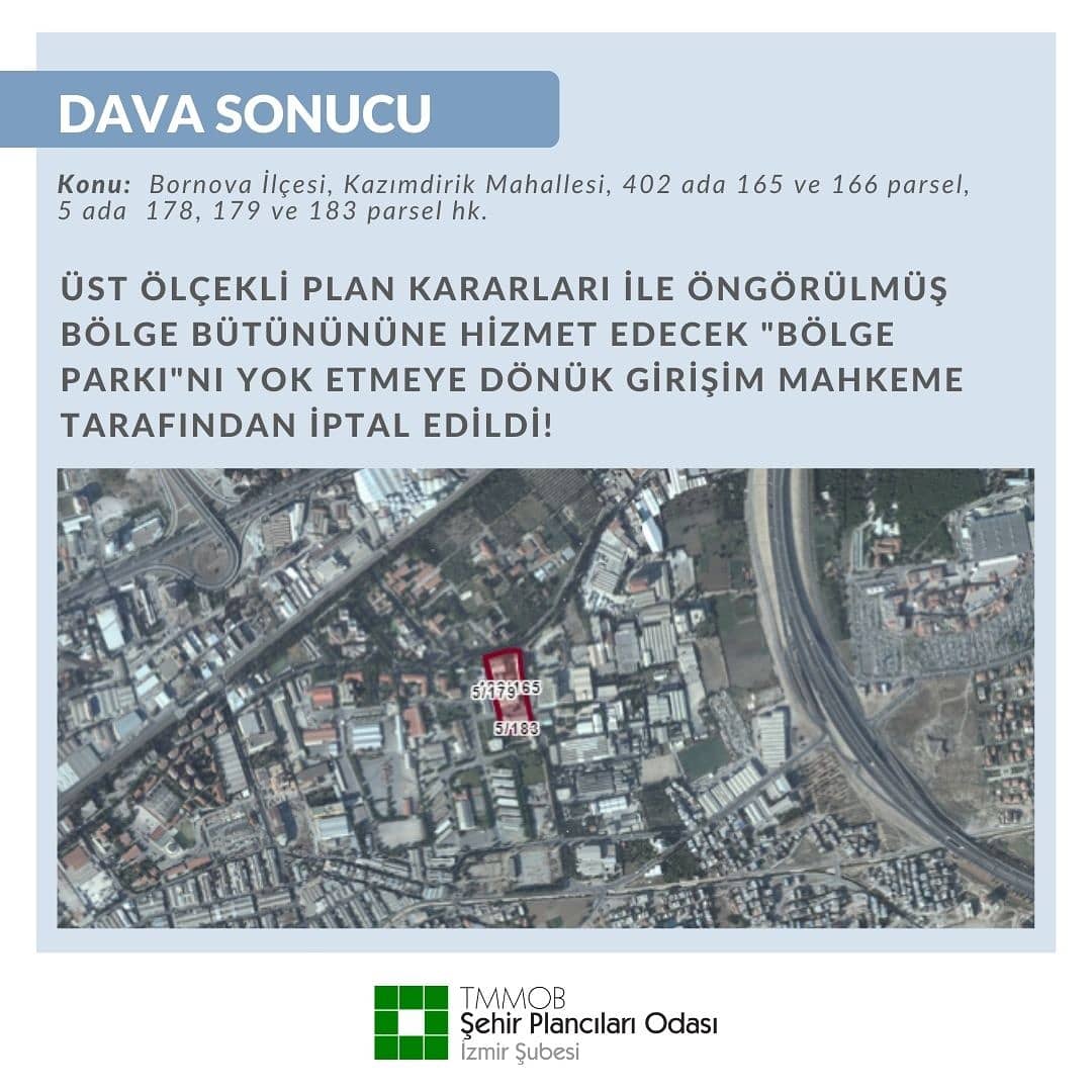 ÜST ÖLÇEKLİ PLAN KARARLARI İLE ÖNGÖRÜLMÜŞ BÖLGE BÜTÜNÜNÜNE HİZMET EDECEK "BÖLGE PARKI"NI YOK ETMEYE DÖNÜK GİRİŞİM MAHKEME TARAFINDAN İPTAL EDİLDİ!
