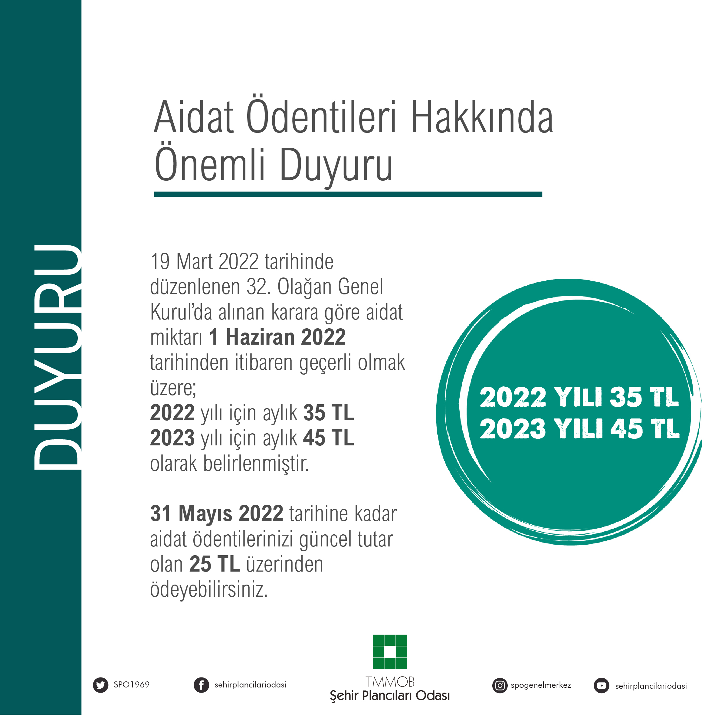 AİDAT ÖDENTİLERİ HAKKINDA ÖNEMLİ DUYURU