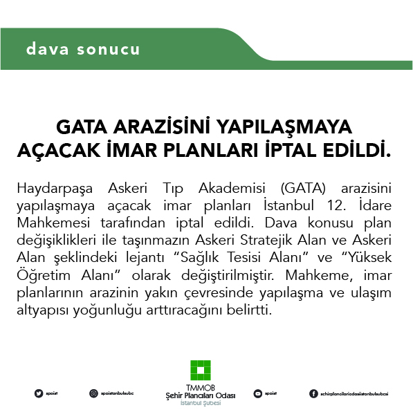 GATA ARAZİSİNİ YAPILAŞMAYA AÇACAK İMAR PLANLARI İPTAL EDİLDİ.