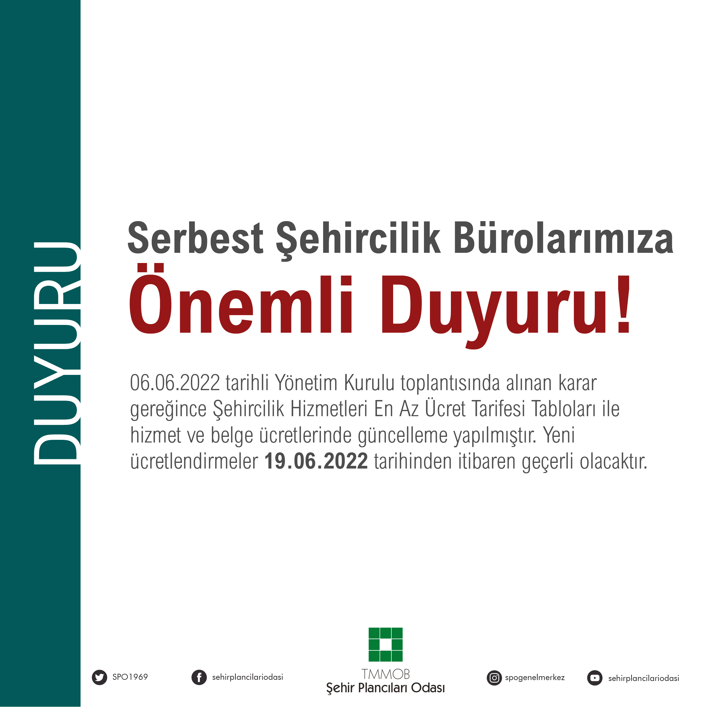 SERBEST ŞEHİRCİLİK BÜROLARIMIZA ÖNEMLİ DUYURU