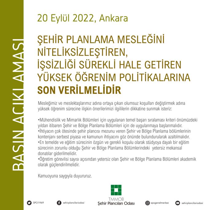 ŞEHİR PLANLAMA MESLEĞİNİ NİTELİKSİZLEŞTİREN, İŞSİZLİĞİ SÜREKLİ HALE GETİREN YÜKSEK ÖĞRENİM POLİTİKALARINA SON VERİLMELİDİR