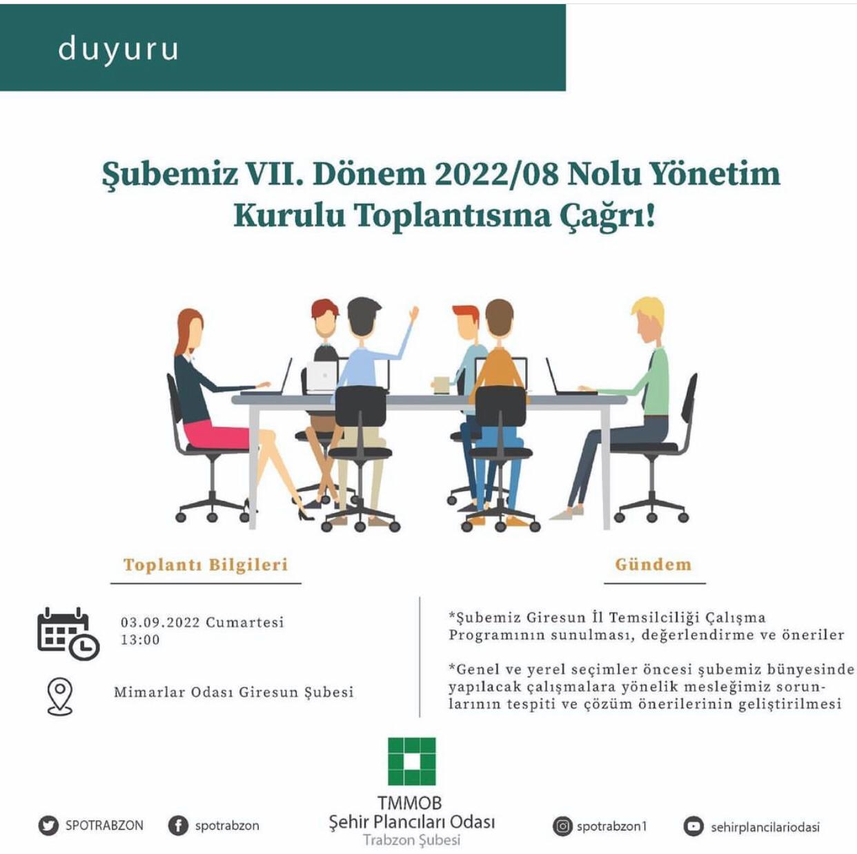 ŞUBEMİZ VII. DÖNEMİ 2022/08 NOLU YÖNETİM KURULU TOPLANTISI GİRESUN İL TEMSİLCİLİĞİMİZ ORTAKLIĞIYLA TÜM ÜYELERİMİZE AÇIK OLARAK GERÇEKLEŞTİRİLMİŞTİR.