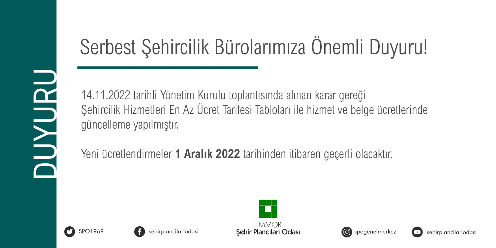 SERBEST ŞEHİRCİLİK BÜROLARIMIZA ÖNEMLİ DUYURU