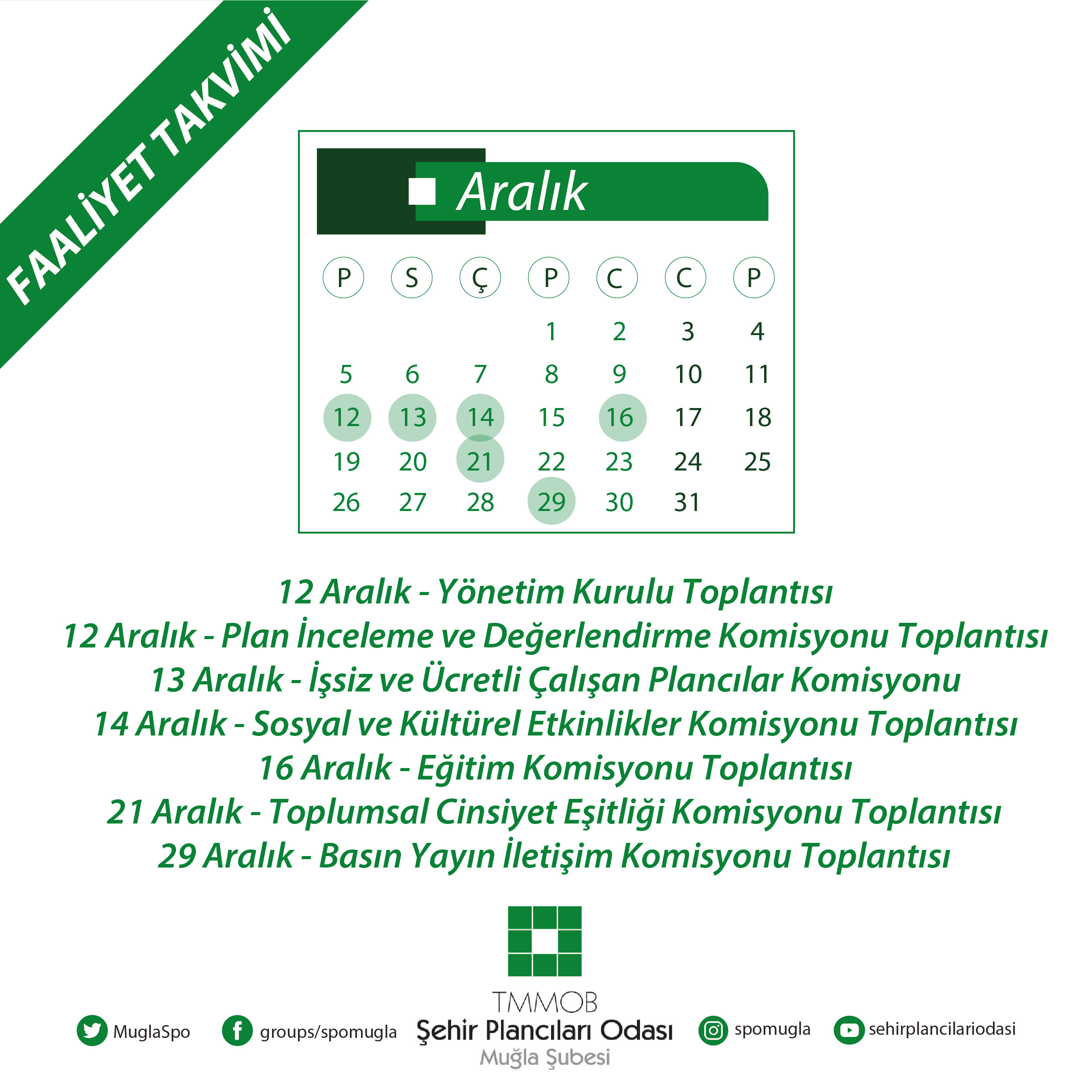 ARALIK AYI FAALİYET TAKVİMİ YAYIMLANDI!