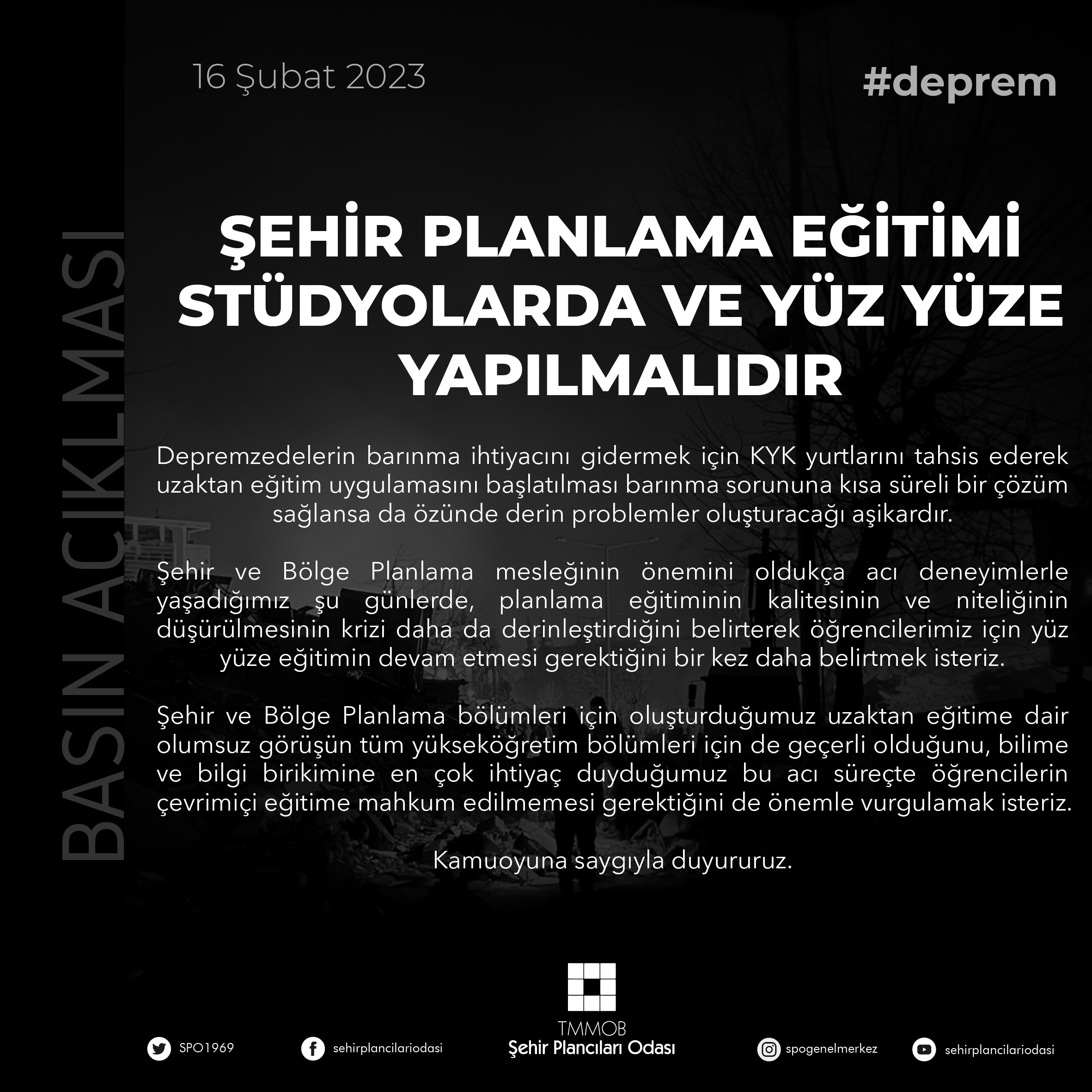 ŞEHİR PLANLAMA EĞİTİMİ STÜDYOLARDA VE YÜZ YÜZE YAPILMALIDIR
