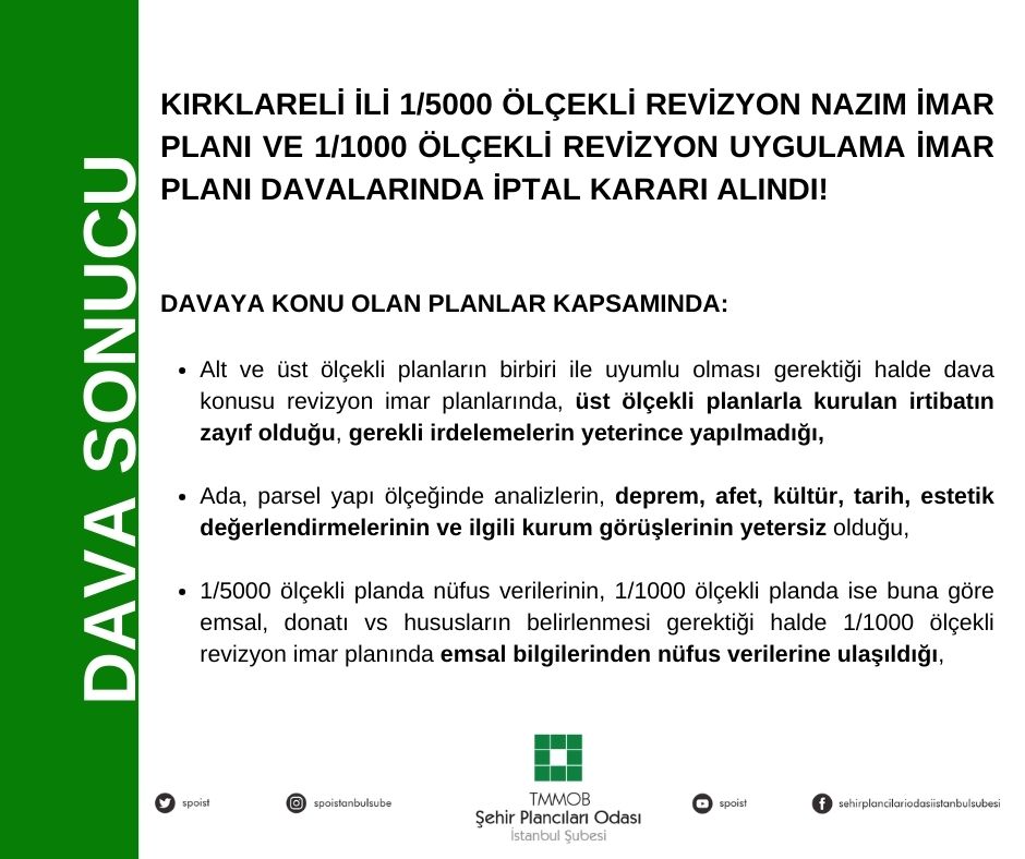 KIRKLARELİ İLİ 1/5000 ÖLÇEKLİ REVİZYON NAZIM İMAR PLANI VE 1/1000 ÖLÇEKLİ REVİZYON UYGULAMA İMAR PLANI DAVALARINDA İPTAL KARARI ALINDI!