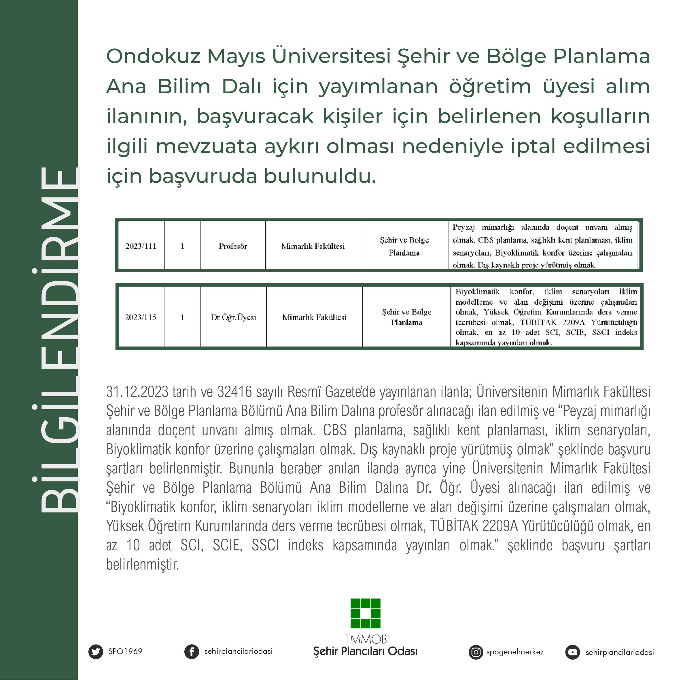 ONDOKUZ MAYIS ÜNİVERSİTESİ ŞEHİR VE BÖLGE PLANLAMA ANA BİLİM DALI İÇİN YAYIMLANAN ÖĞRETİM ÜYESİ ALIM İLANI İTİRAZI HK.