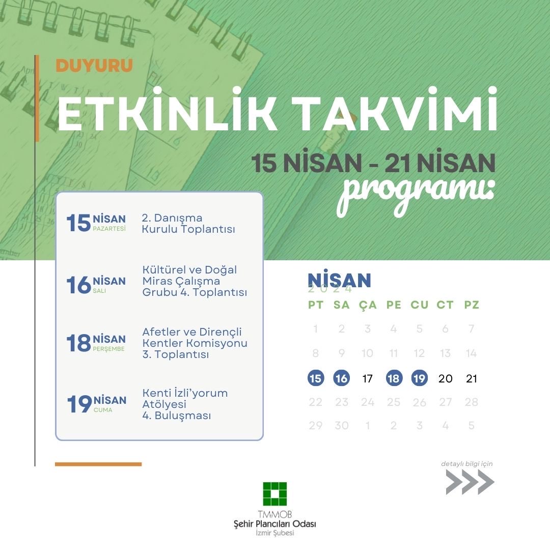 DUYURU: 15 NİSAN - 21 NİSAN ETKİNLİK TAKVİMİ