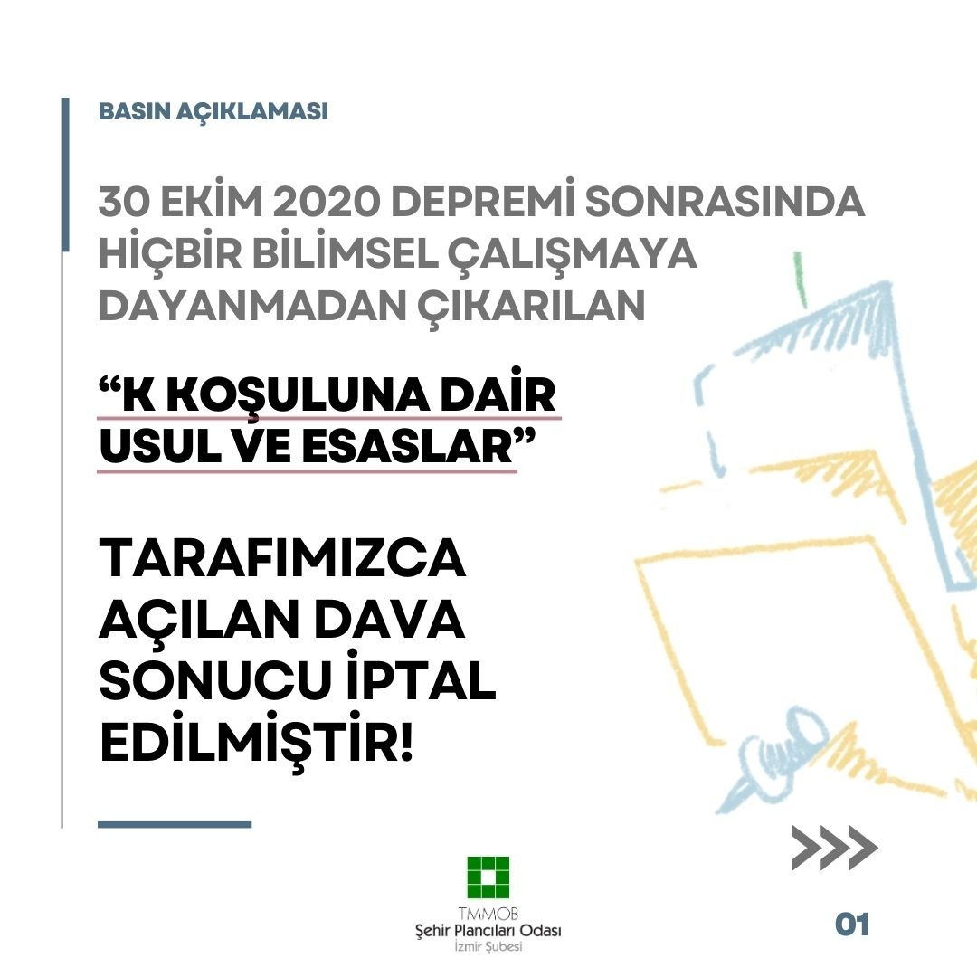 BASIN AÇIKLAMASI: 
30 EKİM 2020 DEPREMİ SONRASINDA HİÇBİR BİLİMSEL ÇALIŞMAYA DAYANMADAN ÇIKARILAN "K KOŞULUNA DAİR USUL VE ESASLAR" TARAFIMIZCA AÇILAN DAVA SONUCU İPTAL EDİLMİŞTİR!