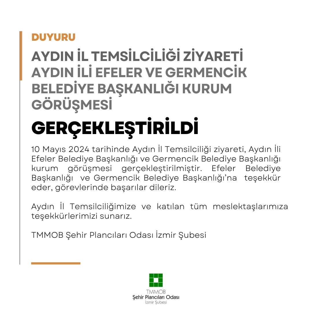 AYDIN İL TEMSİLCİLİĞİ ZİYARETİ
AYDIN İLİ EFELER VE GERMENCİK BELEDİYE BAŞKANLIĞI KURUM GÖRÜŞMESİ
