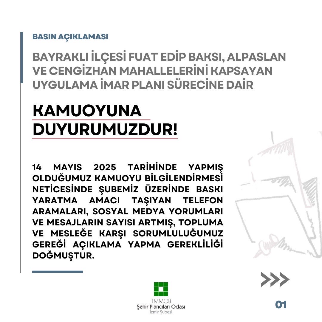 BAYRAKLI İLÇESİ FUAT EDİP BAKSI, ALPASLAN VE CENGİZHAN MAHALLELERİNİ KAPSAYAN UYGULAMA İMAR PLANI SÜRECİNE DAİR KAMUOYUNA DUYURUMUZDUR!