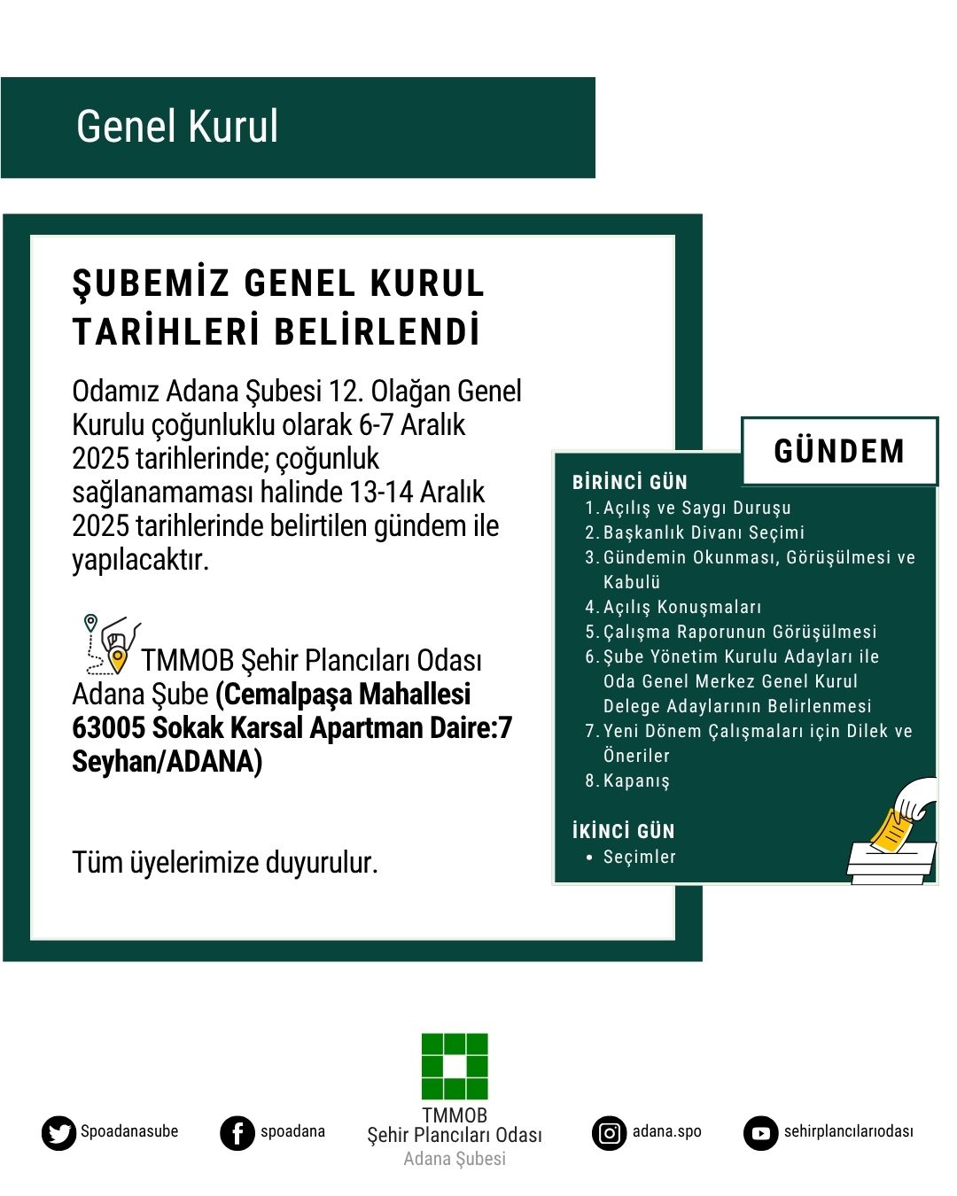 TMMOB ŞEHİR PLANCILARI ODASI ADANA ŞUBESİ 12. OLAĞAN GENEL KURULU DUYURUSU