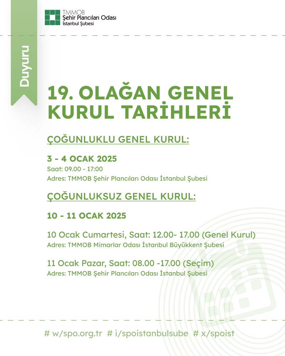 ŞUBEMİZ 19. OLAĞAN GENEL KURUL TARİHLERİ