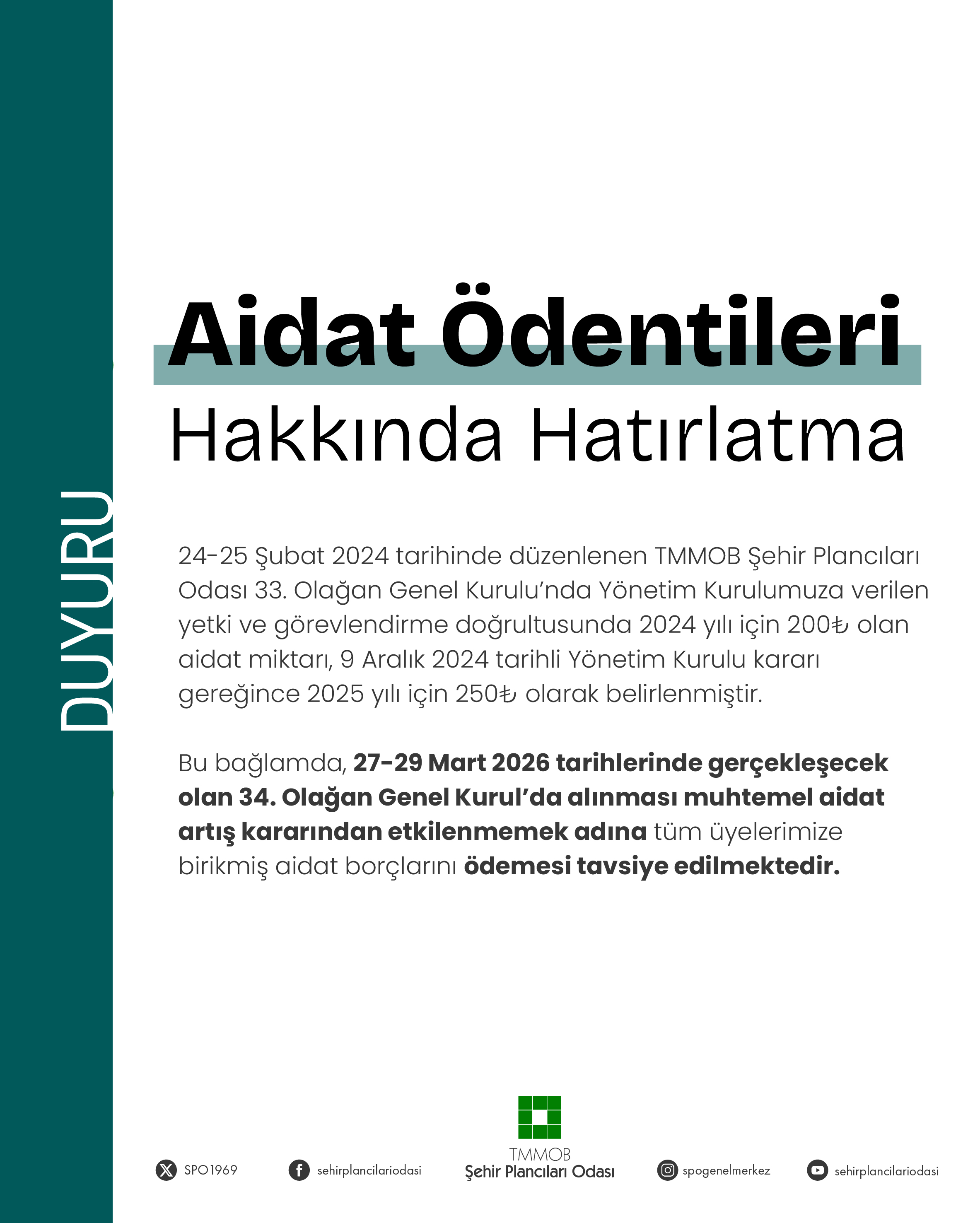 AİDAT ÖDENTİLERİ HAKKINDA BİLGİLENDİRME