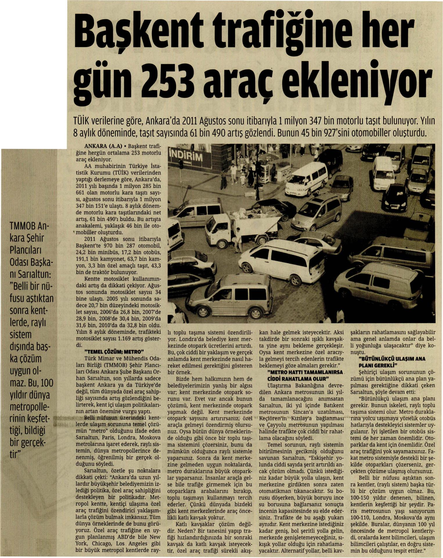 BAŞKENT TRAFİĞİNE HER GÜN 253 ARAÇ EKLENİYOR