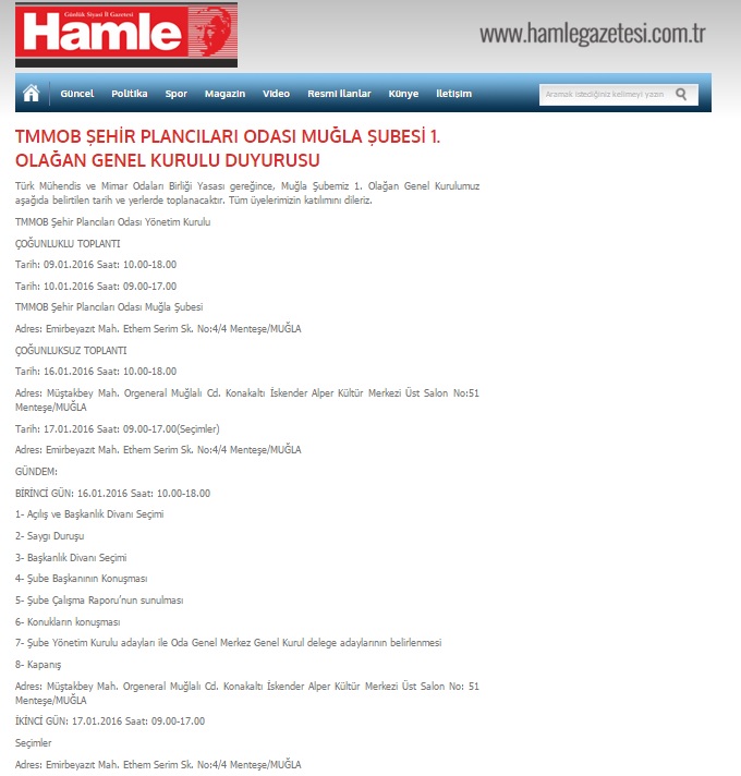 TMMOB ŞEHİR PLANCILARI ODASI MUĞLA ŞUBESİ 1. OLAĞAN GENEL KURULU DUYURUSU