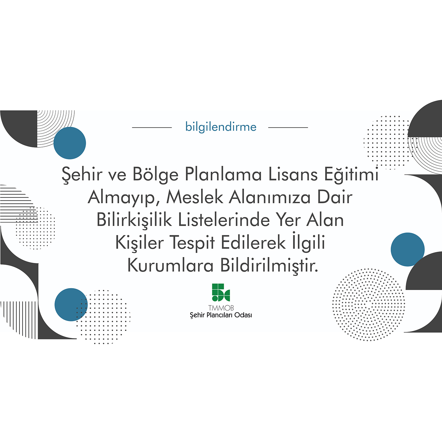 ŞEHİR VE BÖLGE PLANLAMA LİSANS EĞİTİMİ ALMAYIP, MESLEK ALANIMIZA DAİR BİLİRKİŞİLİK LİSTELERİNDE YER ALAN KİŞİLER TESPİT EDİLEREK İLGİLİ KURUMLARA BİLDİRİLMİŞTİR. 