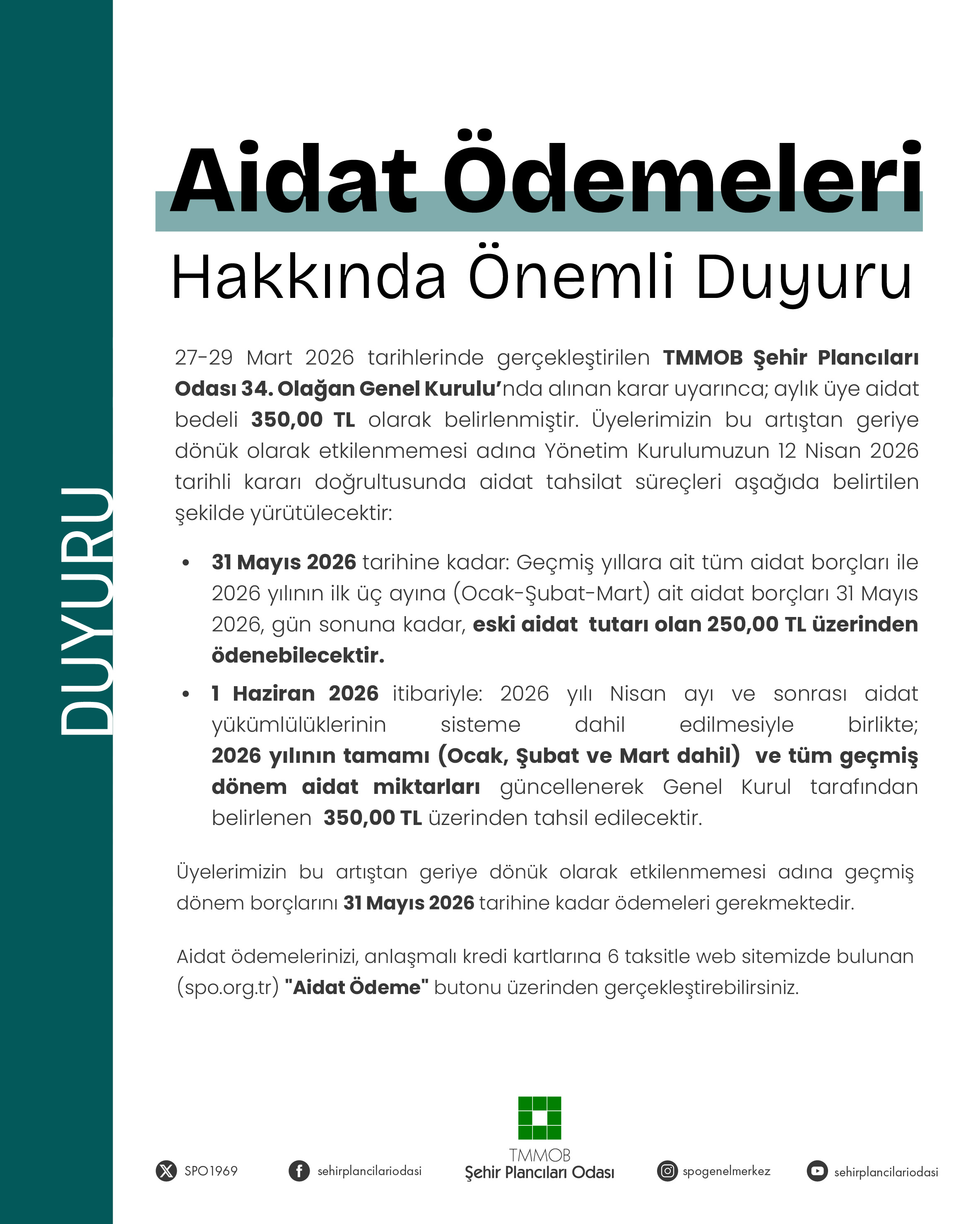 AİDAT ÖDEMELERİ HAKKINDA ÖNEMLİ DUYURU