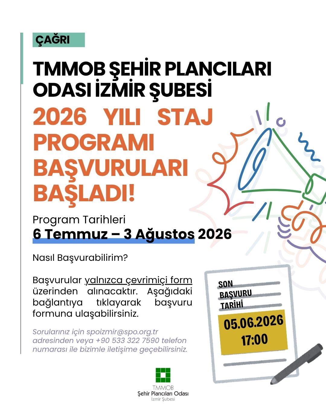 TMMOB ŞEHİR PLANCILARI ODASI İZMİR ŞUBESİ 2026 YILI YAZ STAJ PROGRAMI BAŞVURULARI BAŞLADI!