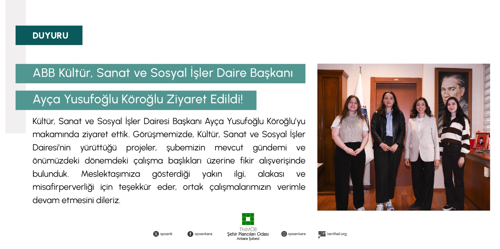 ABB KÜLTÜR, SANAT VE SOSYAL İŞLER DAİRE BAŞKANI AYÇA YUSUFOĞLU KÖROĞLU ZİYARET EDİLDİ!