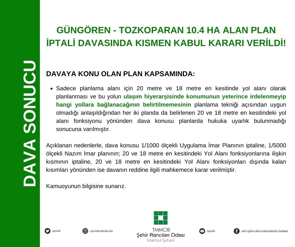 GÜNGÖREN - TOZKOPARAN 10.4 HA ALAN PLAN İPTALİ DAVASINDA KISMEN KABUL KARARI VERİLDİ!