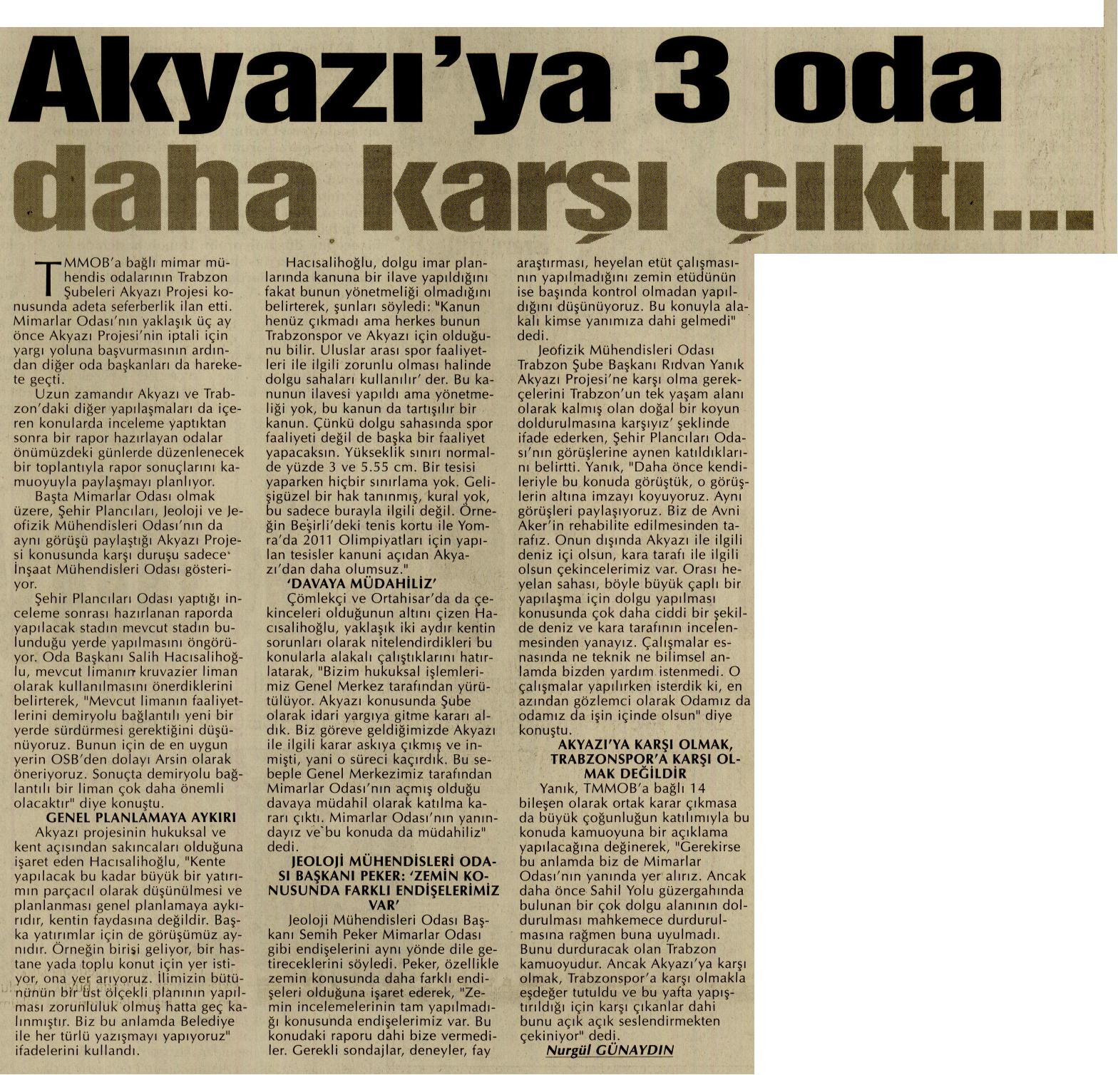AKYAZI'YA 3 ODA DAHA KARŞI ÇIKTI