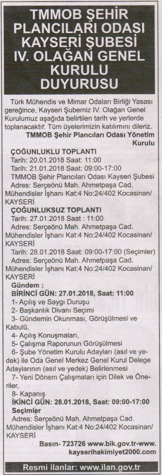 TMMOB ŞEHİR PLANCILARI ODASI KAYSERİ ŞUBESİ 4. OLAĞAN GENEL KURULU‏