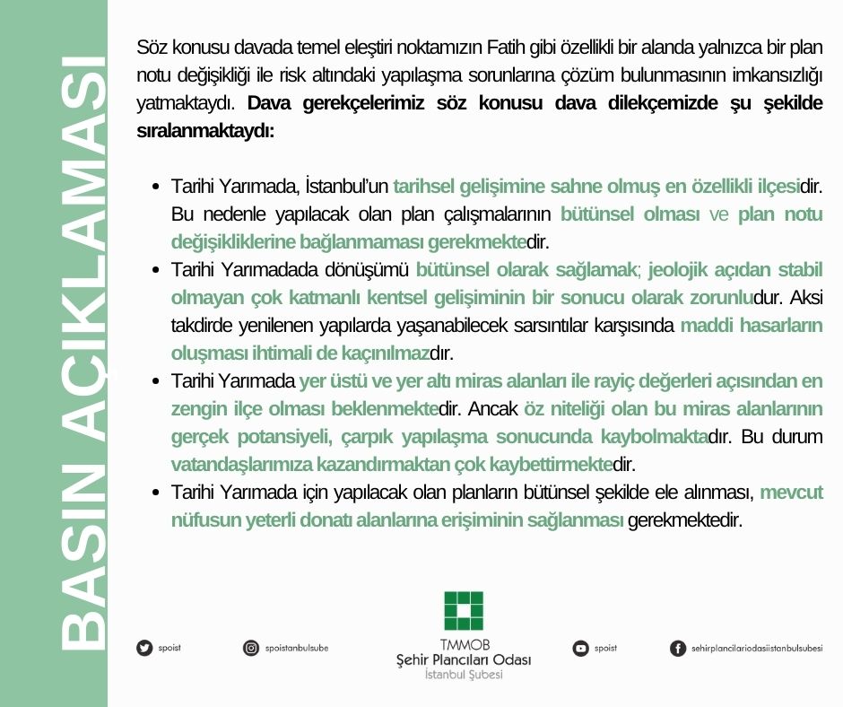FATİH İLÇESİ PLAN NOTU DEĞİŞİKLİĞİ`NE DAİR BASIN AÇIKLAMAMIZ!